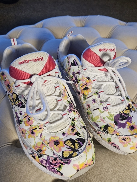Easy Spirit Shoes - Easy Spirit Floral Lace-Up Sneakers in White with Pink and Purple Accents